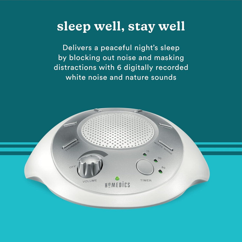 Buy now Homedics SoundSleep White Noise Sound Machine, Silver, Small Travel Sound Machine with 6 Relaxing Nature Sounds, Portable Sound Therapy for Home, Office, Nursery, Auto-Off Timer, by Homedics at indiglob india
