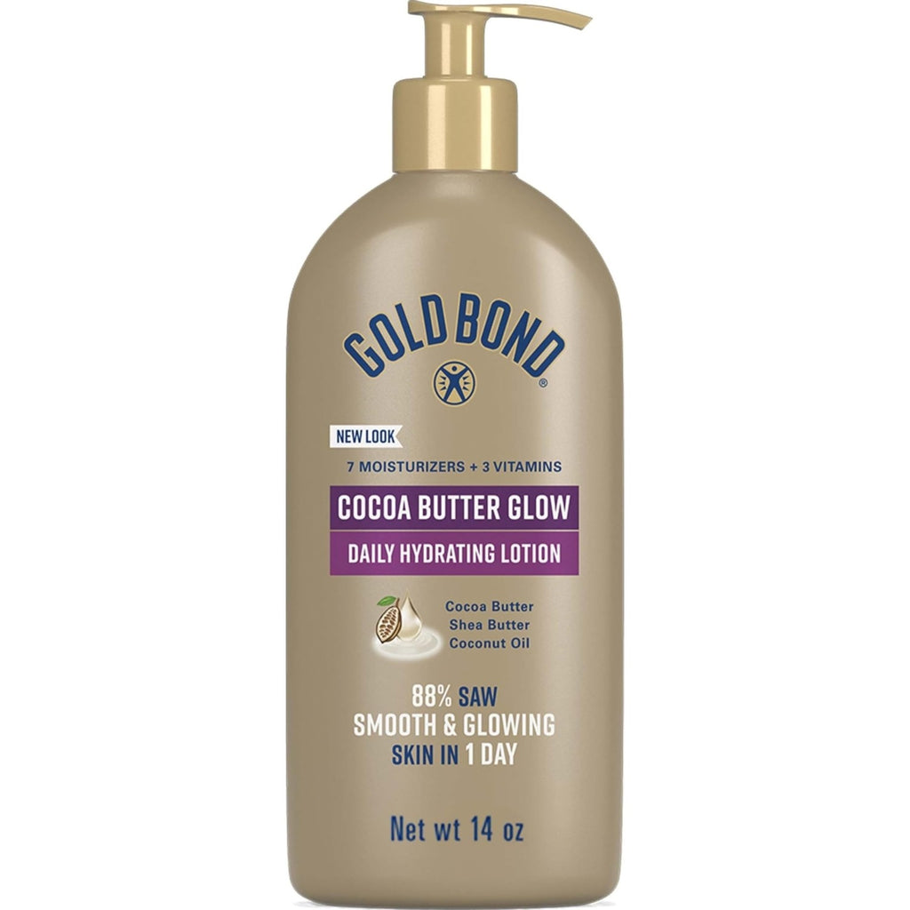 Gold Bond Cocoa Butter Glow Daily Hydrating Lotion for Gifting, 14 Oz | Body lotion with Shea Butter, Cocoa Butter & Coconut Oil, dermatologist-tested, no parabens, phthalates, dyes, 24hr moisture