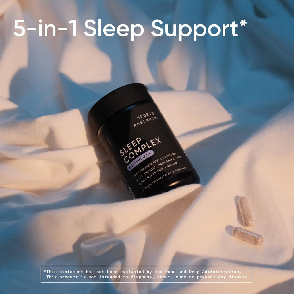 Sports Research® Sleep Complex (Melatonin-Free), 60 Veggie Capsules | Natural Sleep Aid with Valerian Root, GABA, L-Theanine, Magnesium & 5-HTP - Non-GMO Verified & Gluten Free