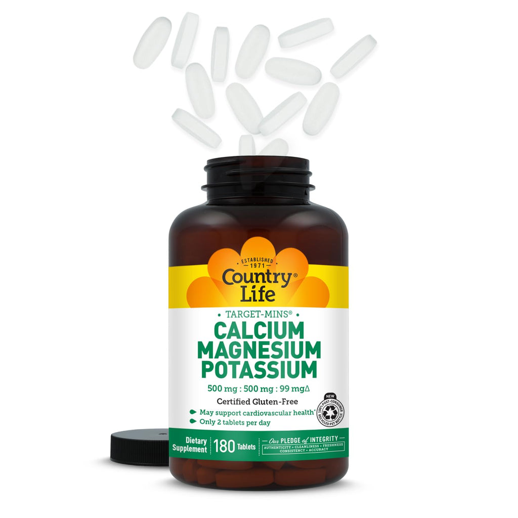 Country Life Target-Mins Calcium Magnesium Potassium, 180 Tablets | 500 mg calcium, 500 mg magnesium and 99 mg potassium per 2-tablet serving; certified gluten-free