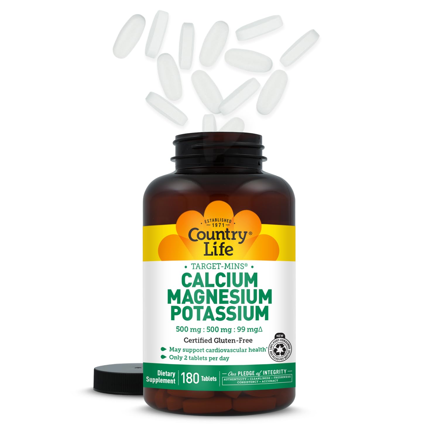 Country Life Target-Mins Calcium Magnesium Potassium, 180 Tablets | 500 mg calcium, 500 mg magnesium and 99 mg potassium per 2-tablet serving; certified gluten-free
