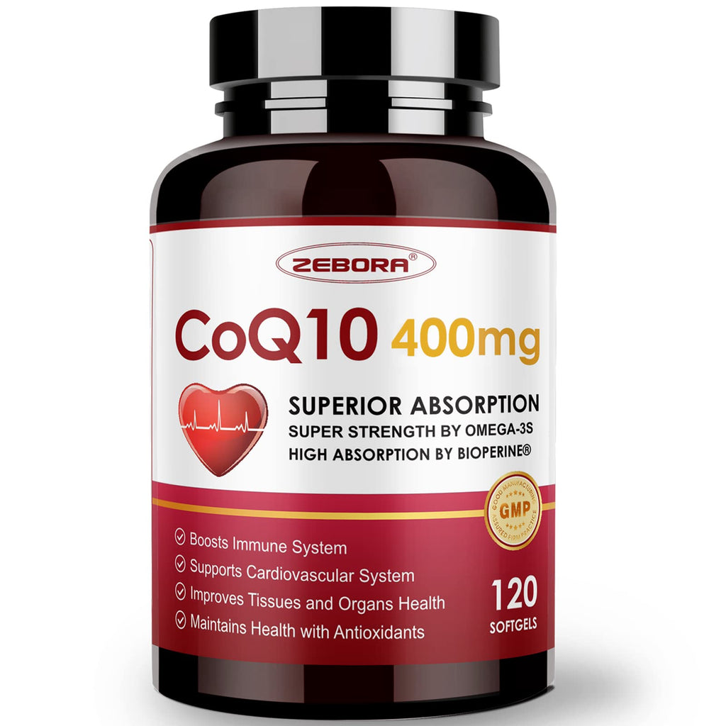 ZEBORA CoQ10 400mg Softgels, 120 Servings | with PQQ, BioPerine & Omega-3, Ubiquinone, High-Absorption, Powerful-Antioxidant, Support Heart & Energy-Production