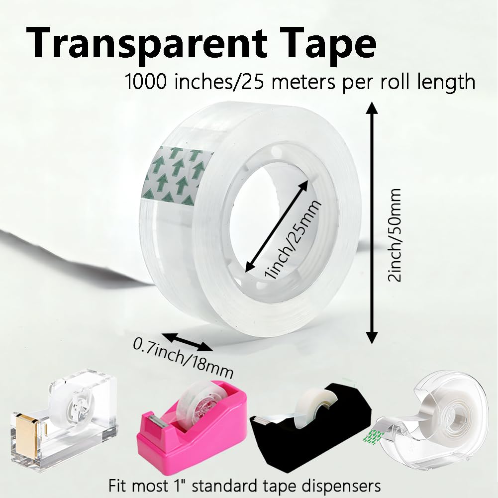 12 Rolls Transparent Tape Refills Rolls, Clear Tape, 1 in Core, 3/4 x 1000 in, Gift Packaging Tape Refill Roll for Office, Home, School