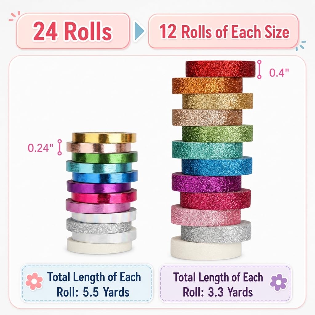 Mr. Pen- Glitter Washi Tape Set, 24 Rolls, 6mm/10mm