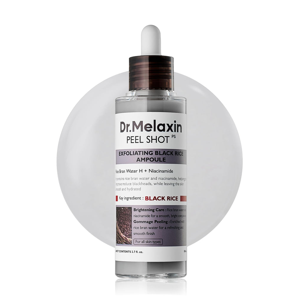 Dr.Melaxin Peel Shot Black Rice Exfoliating Ampoule, Face Exfoliator with AHA BHA Niacinamide Rice Bran Water, Blackhead Remover, Pore Minimizer, Brightening Glass Skin Serum, Korean Skin Care, 2.7 oz