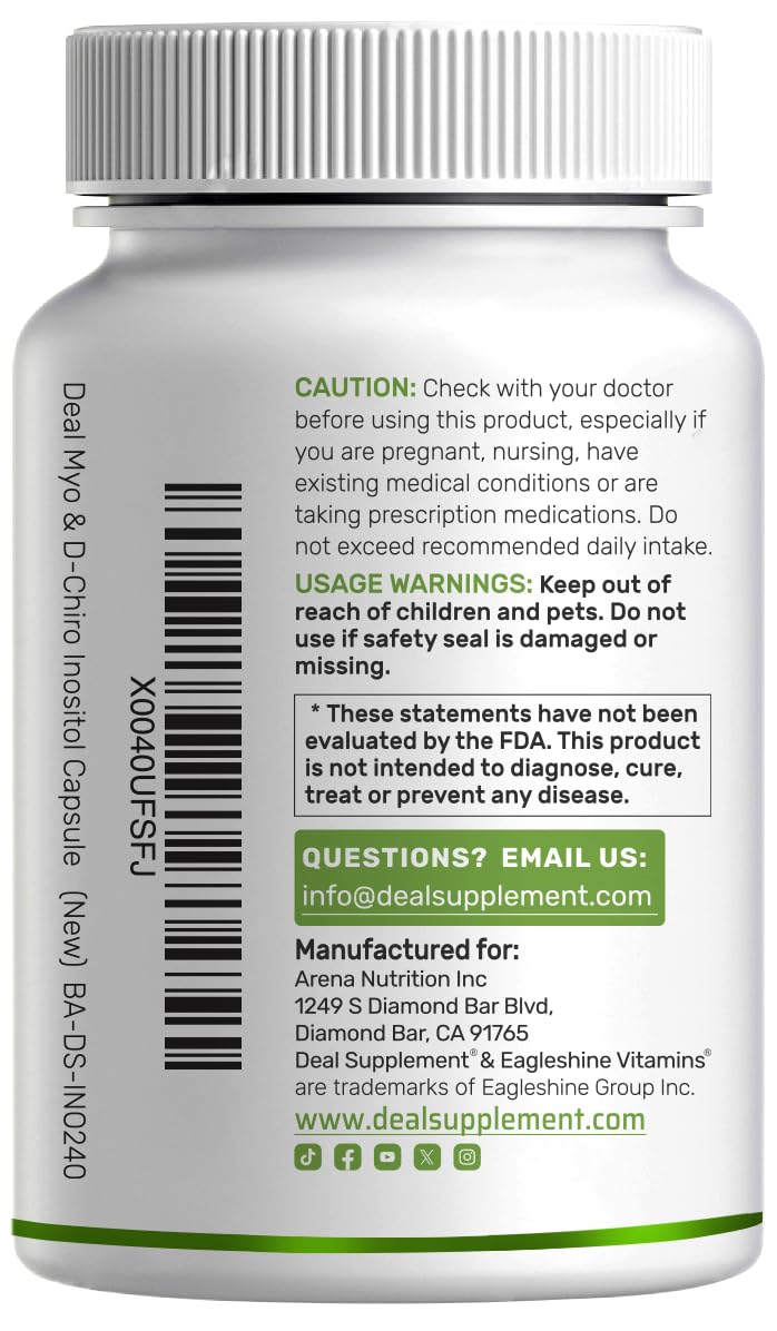 Myo-Inositol & D-Chiro Inositol Supplement for Women (40:1) | 2,050mg Per Serving | 240 Veggie Capsules | with Folate, Vitamin D3 & Vitex | Hormonal Balance & Cycle Support | Non-GMO