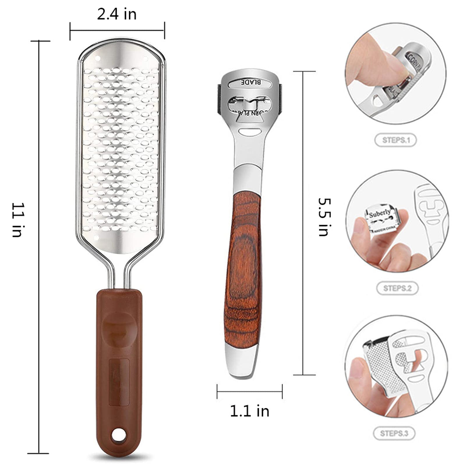 2 Pack Pedicure Kit, Foot File Callus Remover, Heel Scraper for Feet | Stainless Steel Foot Rasp & Wood Handle Callus Shaver (10 Replacements and 1 File Foot Head), Callus Remover for Feet