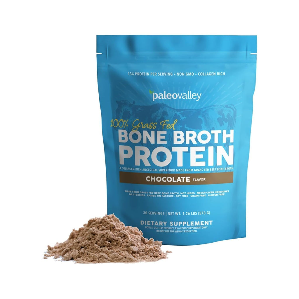 Paleovalley 100% Grass Fed Bone Broth Protein Powder, Chocolate | Collagen Rich, Digestive and Gut Health Support, Joint Support Hair, Skin and Nail Support, 13g Protein