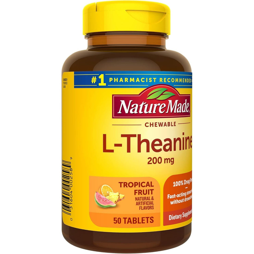Nature Made Chewable L Theanine 200mg, L-Theanine Supplement for Stress Relief, 50 Chewable Tablets, 50 Day Supply (Pack of 2)
