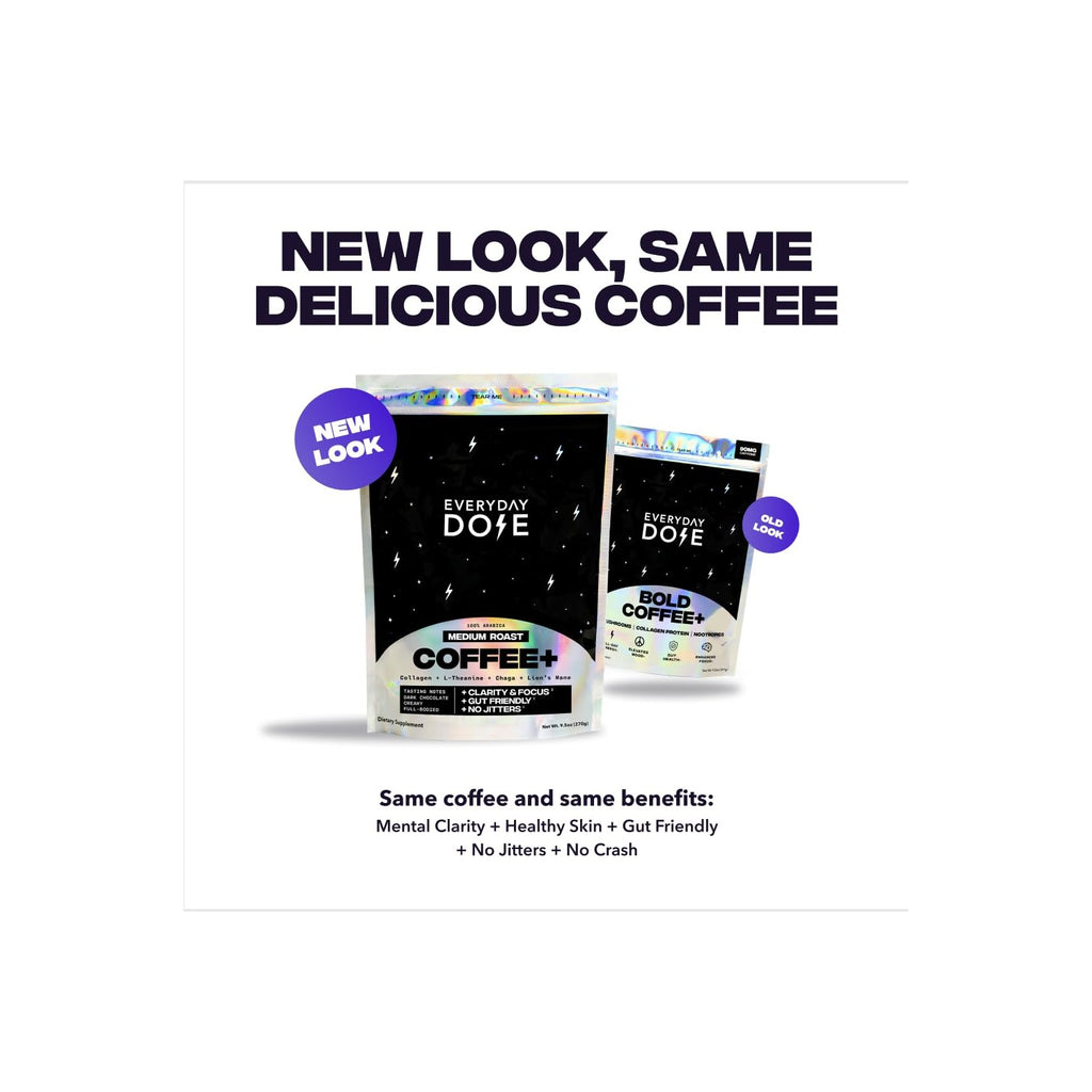 Everyday Dose Bold Medium Roast Mushroom Coffee 90mg Caffeine per serving with Grass-Fed Collagen, Chaga, Lions Mane & L-Theanine for Better Focus, Energy, Digestion, Skin, and Immunity 30 Servings