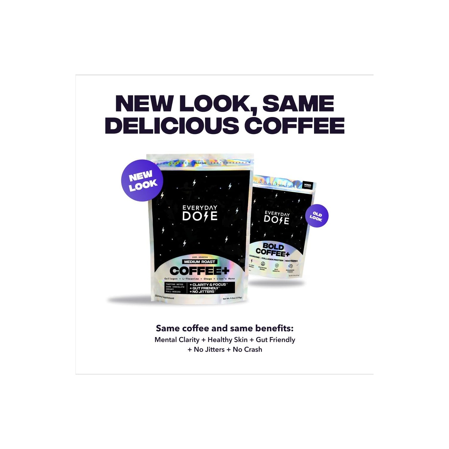 Everyday Dose Bold Medium Roast Mushroom Coffee 90mg Caffeine per serving with Grass-Fed Collagen, Chaga, Lions Mane & L-Theanine for Better Focus, Energy, Digestion, Skin, and Immunity 30 Servings