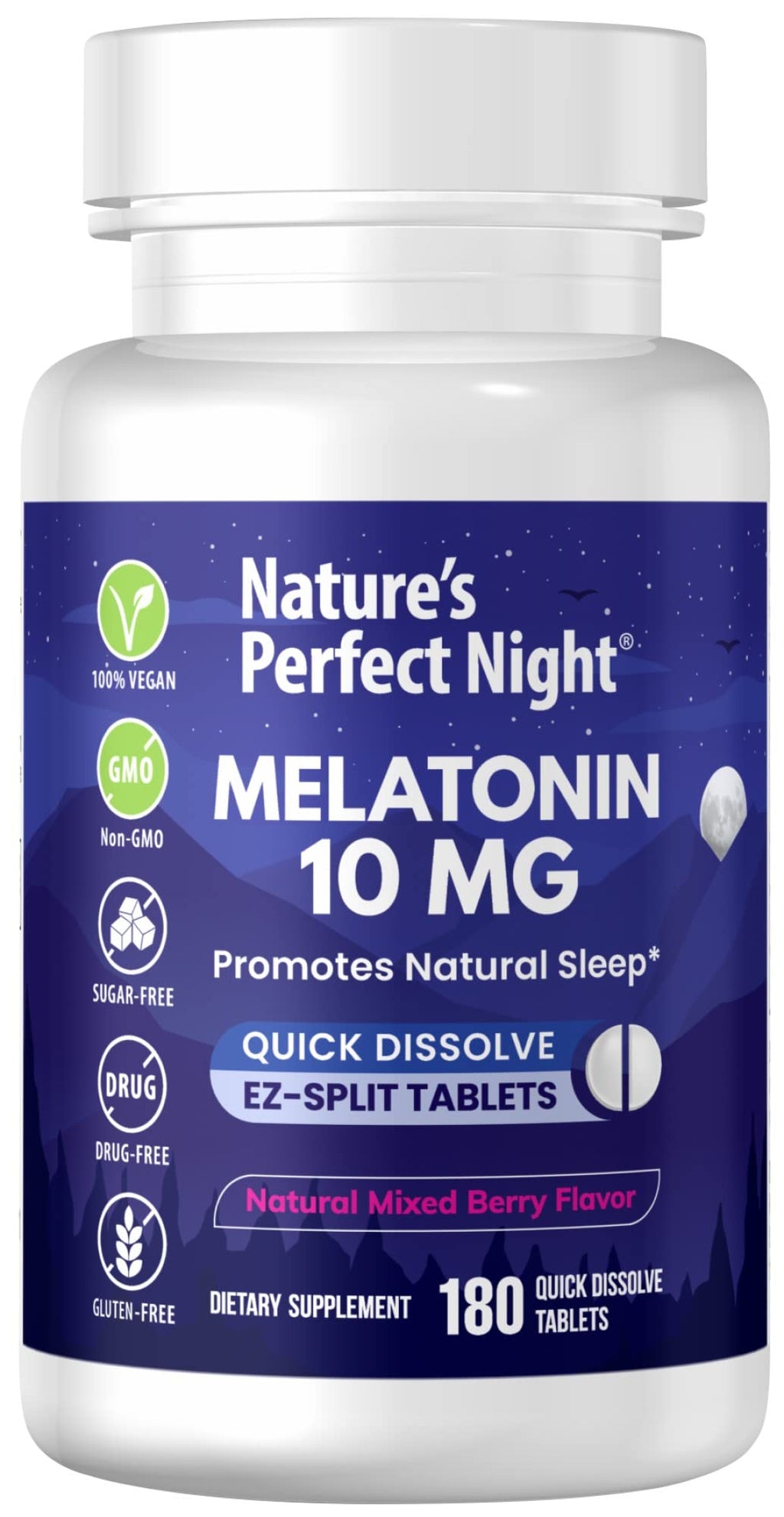 Nature's Perfect Night | Melatonin 10mg | 180 Quick Dissolve Tablets | Natural Mixed Berry Flavor |High Potency | Sugar Free | Vegan | Gluten Free | Value Size