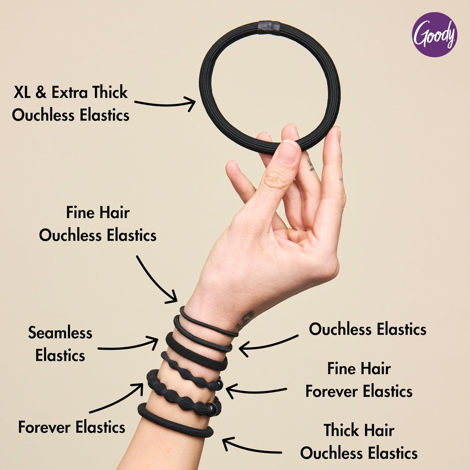 Goody Ouchless Hair Elastics – No Pull, No Breakage, Tangle-Free Hold for Thick, Curly, Coily & Textured Hair – 70 Count, Black, Long-Lasting Ponytail Holders for Women & Men