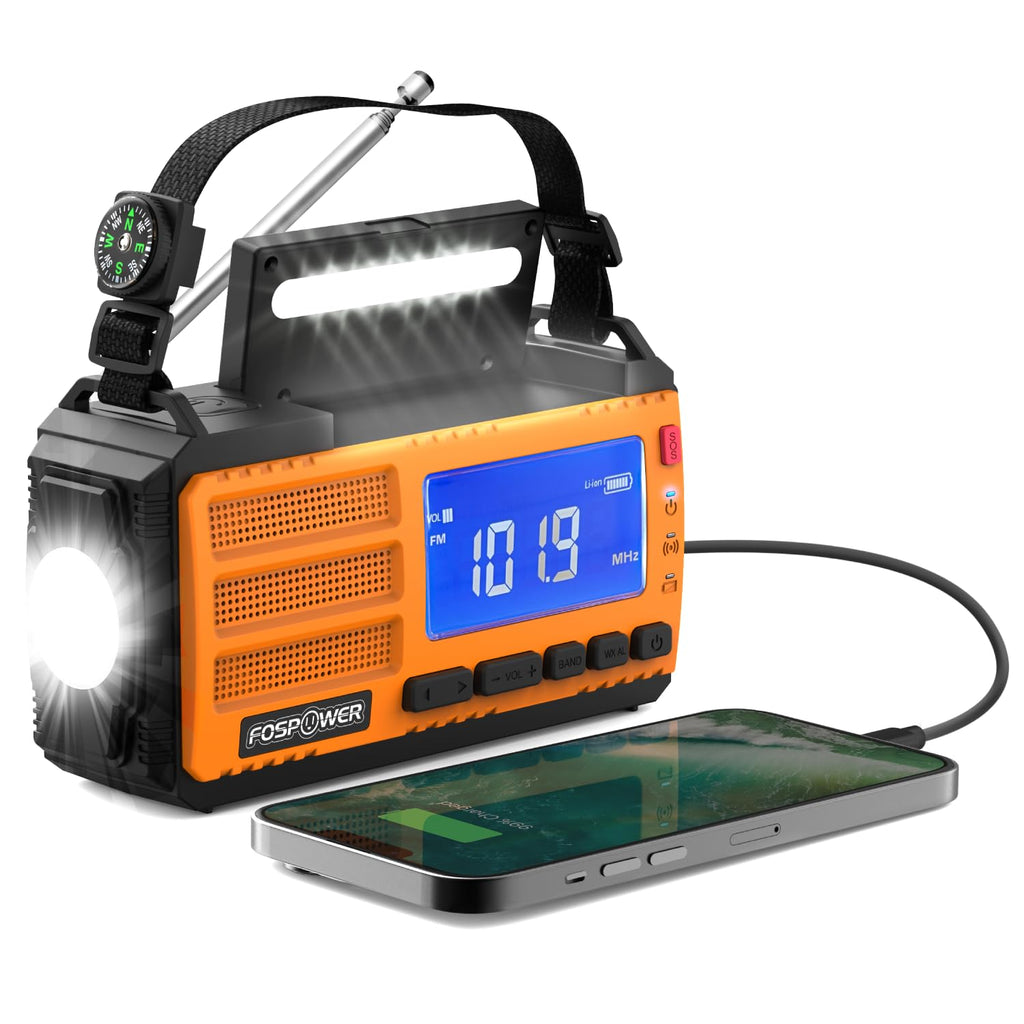 Buy now FosPower NOAA Emergency Weather Radio A1 7400mWh Portable Power Bank, AM/FM, USB/Solar/Hand Crank Charging, Battery Operated, SOS Alarm & Flashlight for Indoor/Outdoor Emergency - Orange at indiglob india