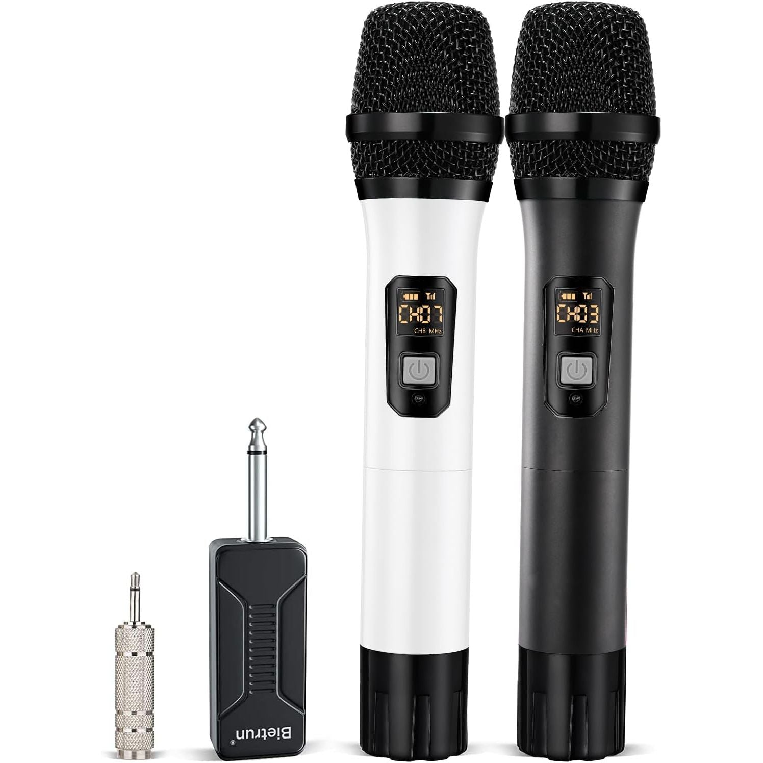 Buy now Bietrun Wireless Microphone, Professional UHF Metal Dual Handheld Cordless Dynamic Mic System Set with Rechargeable Receiver, 1/4‘’Output, Plug and Play, Instrument-Wireless-Mics for Karaoke, Wedding Black White at indiglob india