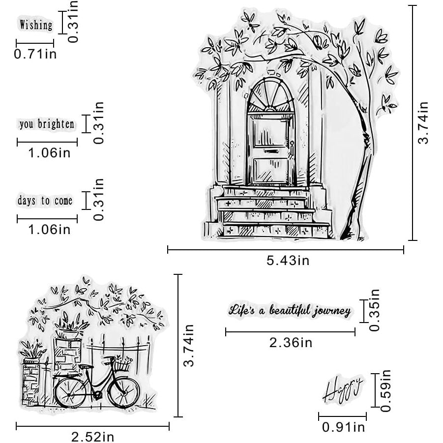Buy now Door Bike Tree Scenery Clear Stamps for Card Making and Photo Album Decorations, Blessing Words Transparent Rubber Stamps Seal for DIY Scrapbooking at indiglob india