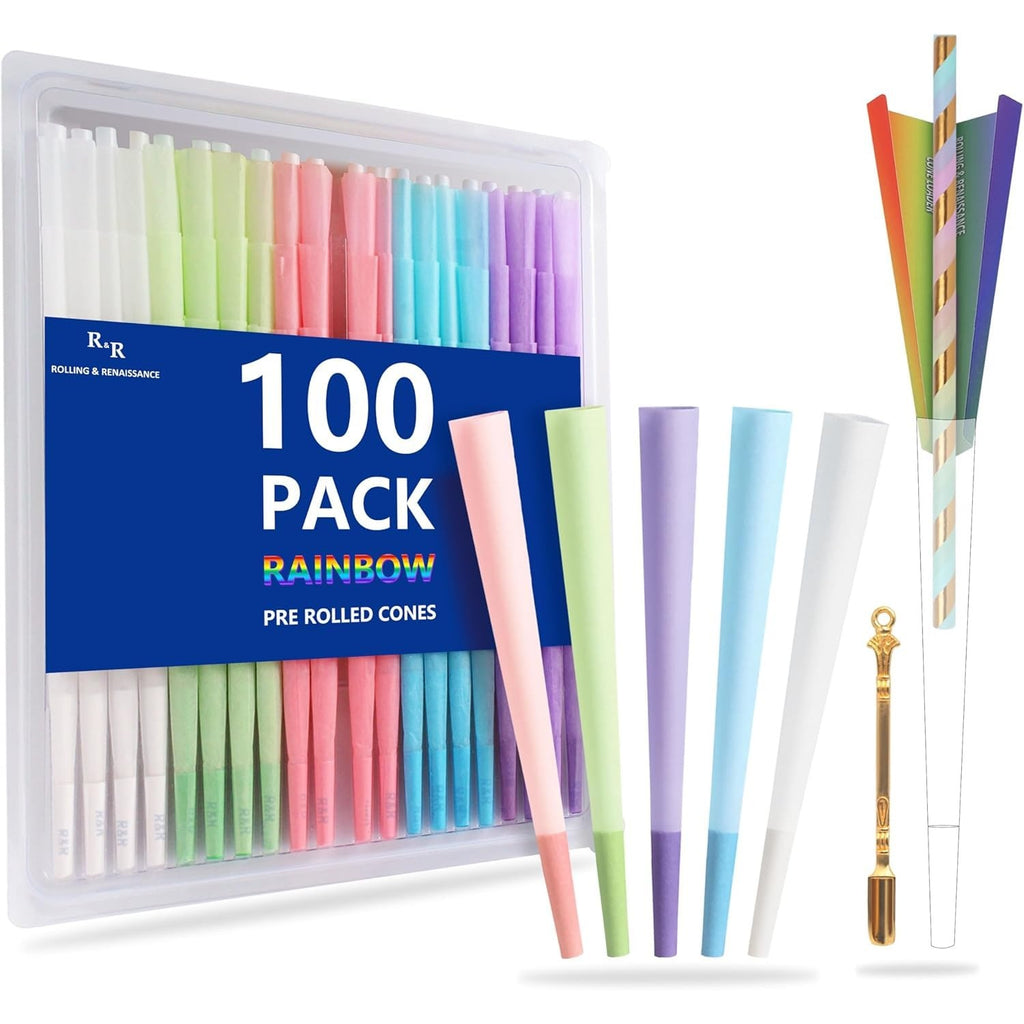 100 Pack Colorful Rolling Papers Pre Rolled Cones King Size - 108mm King Size Pre Rolls Paper with Filter Tips Rainbow cones Filling funnels/Mini Scoop/Packing Sticks