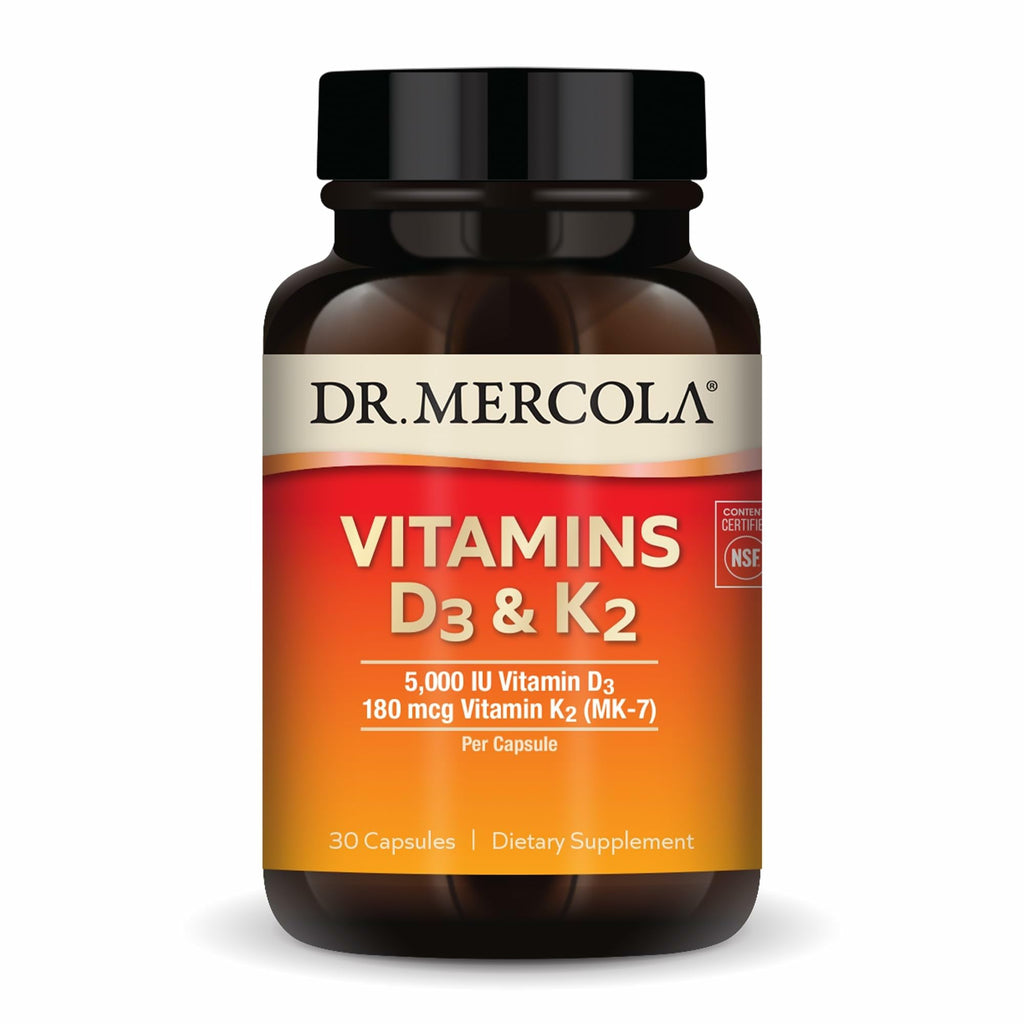 Dr. Mercola Vitamins D3 and K2, 5,000 IU, 30 Capsules (30 Servings) | Supports Immune, Brain, Cardiovascular, Respiratory, and Bone Health, GMO-Free, Gluten-Free, and Soy-Free
