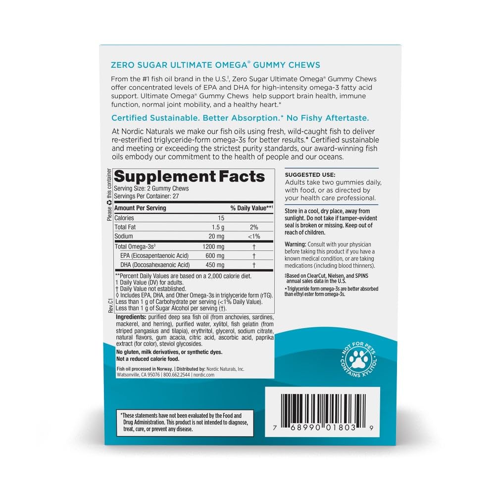 Nordic Naturals Omega 3 Gummies - Ultimate Omega - 54 Count - Tropical | Tropical Fruit gummies. Zero sugar. High-potency omega-3 (Ultimate Omega formula). Heart & brain support. Non-GMO. 54 count.