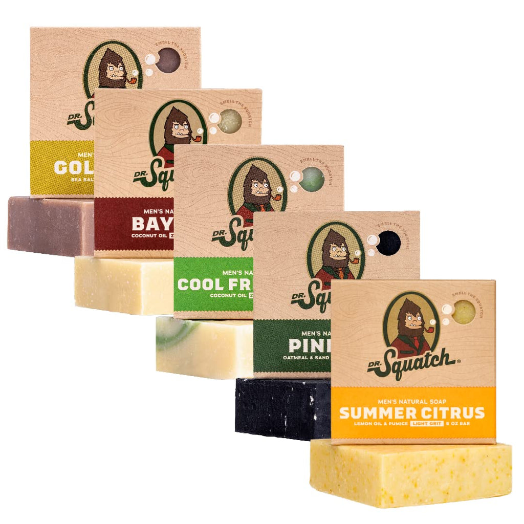 Buy now Dr. Squatch Natural Men’s Bar Soap - Cold Process Body Soap Bar with Natural Oils - Gifts for Men - Coconut Castaway, Wood Barrel Bourbon, Fresh Falls, Birchwood Breeze & Gold Moss (5 oz, 5-Pack) at indiglob india