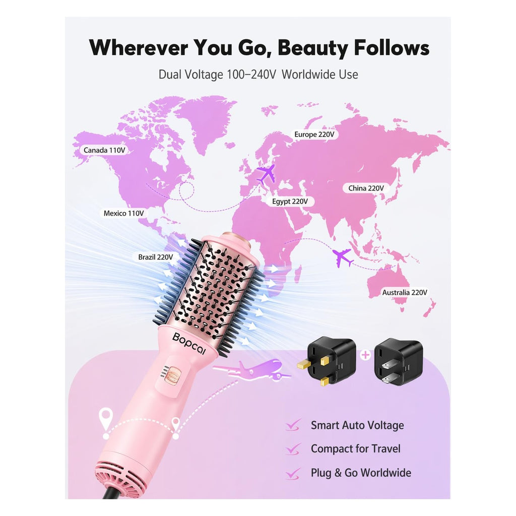 Bopcal Mini Travel Hair Dryer Brush, Dual Voltage Blow Dryer Brush in One