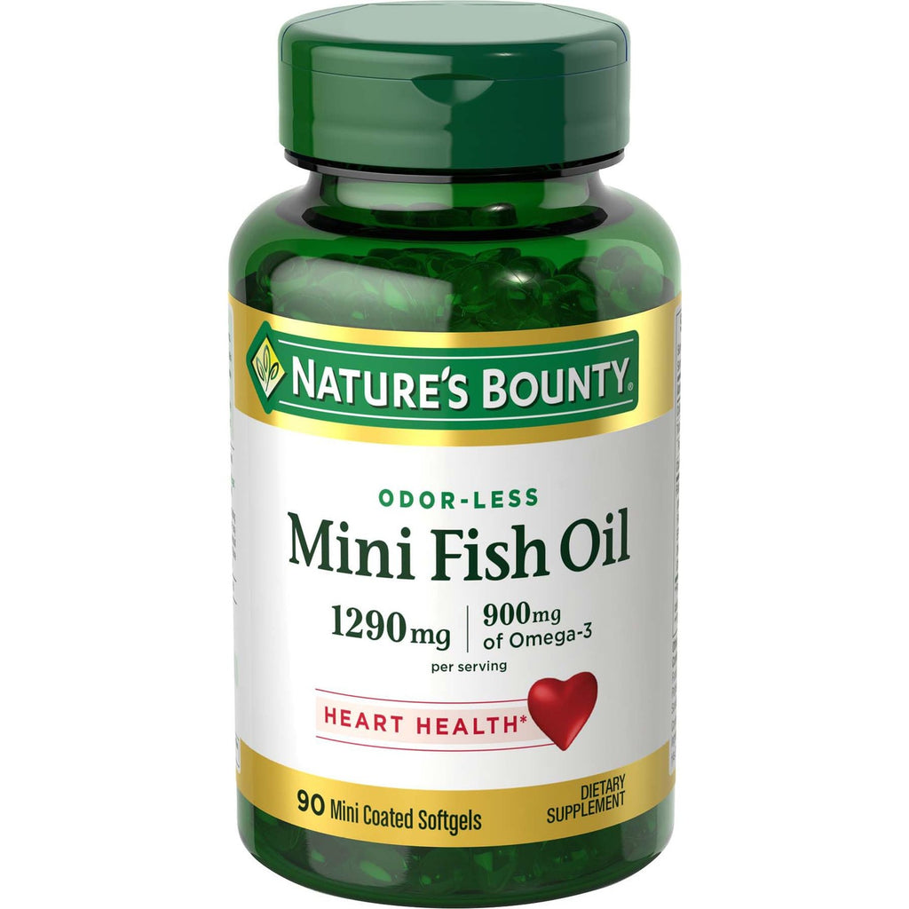 Nature's Bounty Mini Fish Oil Softgels 1290 mg, Omega-3, Supports Heart Health, Odor-Less, 90 Mini Coated Softgels (Pack of 2)
