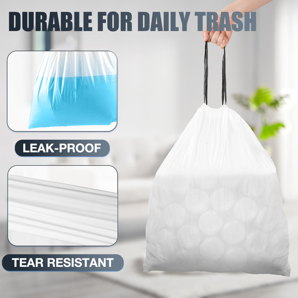 Drawstring 8 Gallon Trash Bags - 100 Count Pre-separated Medium Trash Bags 8 Gallon, Unscented White 8 Gal Garbage Bags
