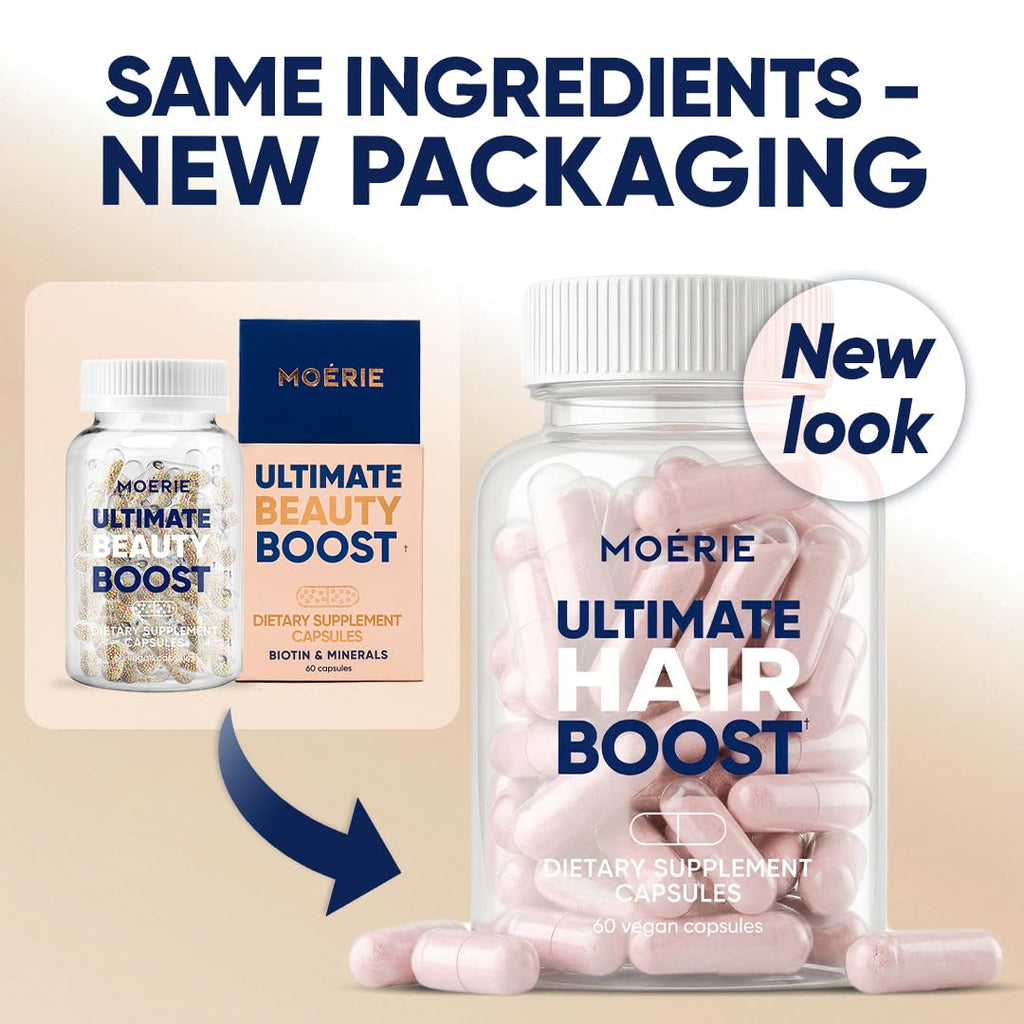 Moerie Ultimate Hair Boost Supplements for Women & Men - Hair, Skin, Nails Vitamins with Biotin & Minerals for Hair Health - Thicker Hair - 180 Capsules