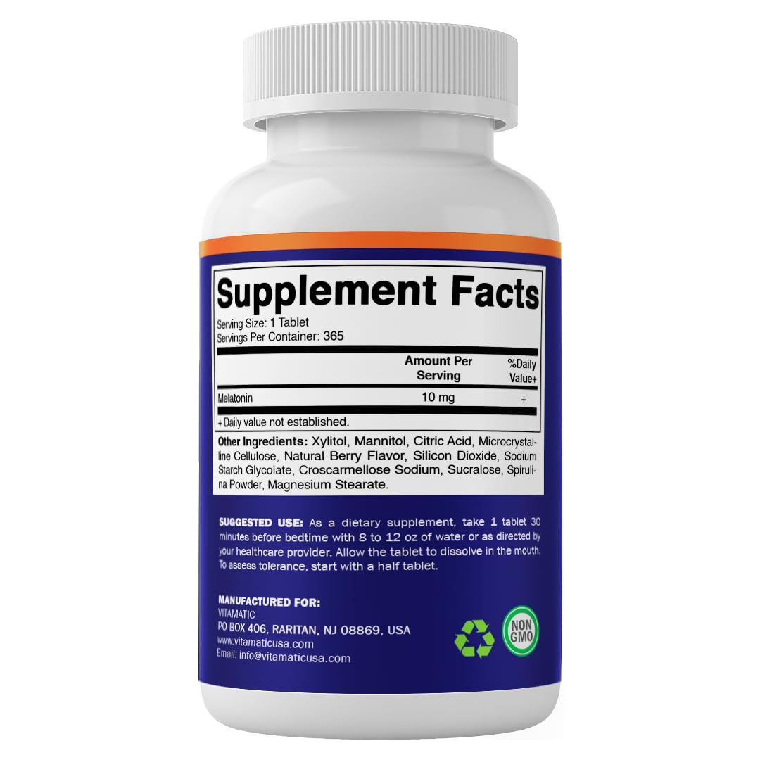 Vitamatic Melatonin 10 mg Fast Dissolve Tablets – Quick-Dissolving Sleep Support Supplement for Adults – Vegetarian, Non-GMO & Gluten-Free – Natural Berry Flavor – 365 Tablets