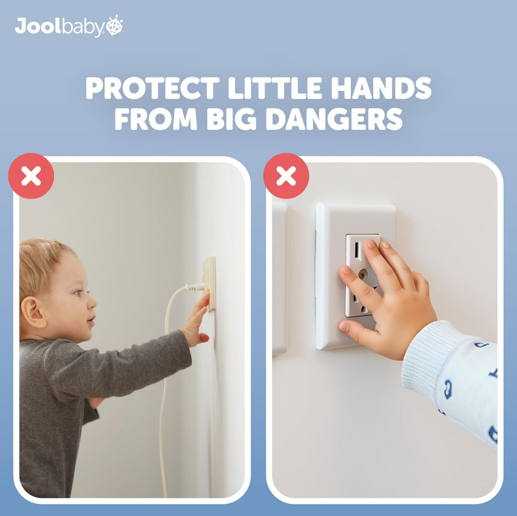 Jool Baby Outlet Cover Box for Child Safety (2 Pack) Duplex & Decorator Electrical Outlet Plates, Concealed Access Buttons, and Spacious Compartment
