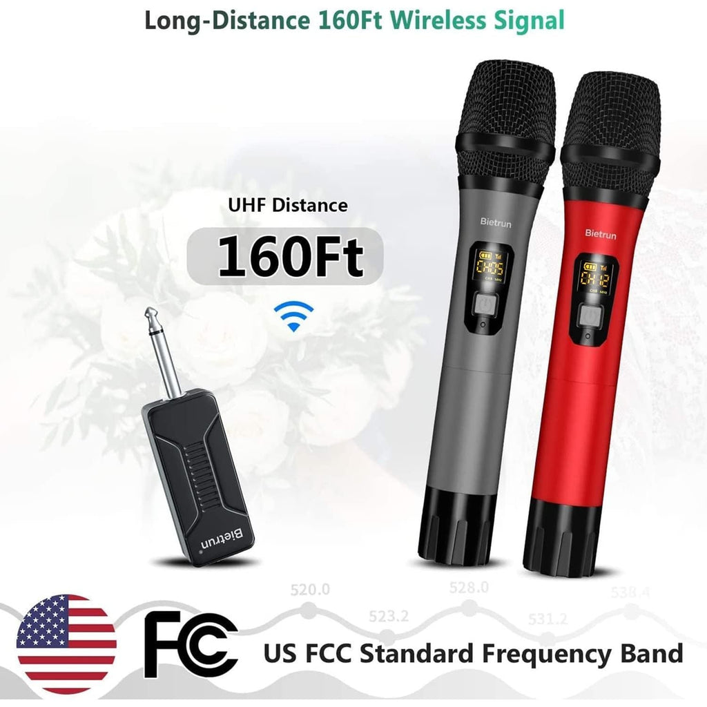 Buy now Bietrun Wireless Microphone, Professional UHF Metal Dual Handheld Cordless Dynamic Mic System Set with Rechargeable Receiver, 1/4‘’Output, Plug and Play, Instrument-Wireless-Mics for Karaoke, Wedding at indiglob india