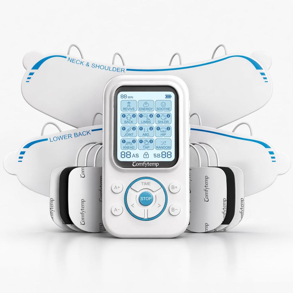 Comfytemp TENS Unit with Specialized Pads for Lower Back & Neck Shoulder Pain Relief, Easy-to-Use TENS Unit Muscle Stimulator with Large Display, Portable Dual Channel TENS Machine with Carrying Case