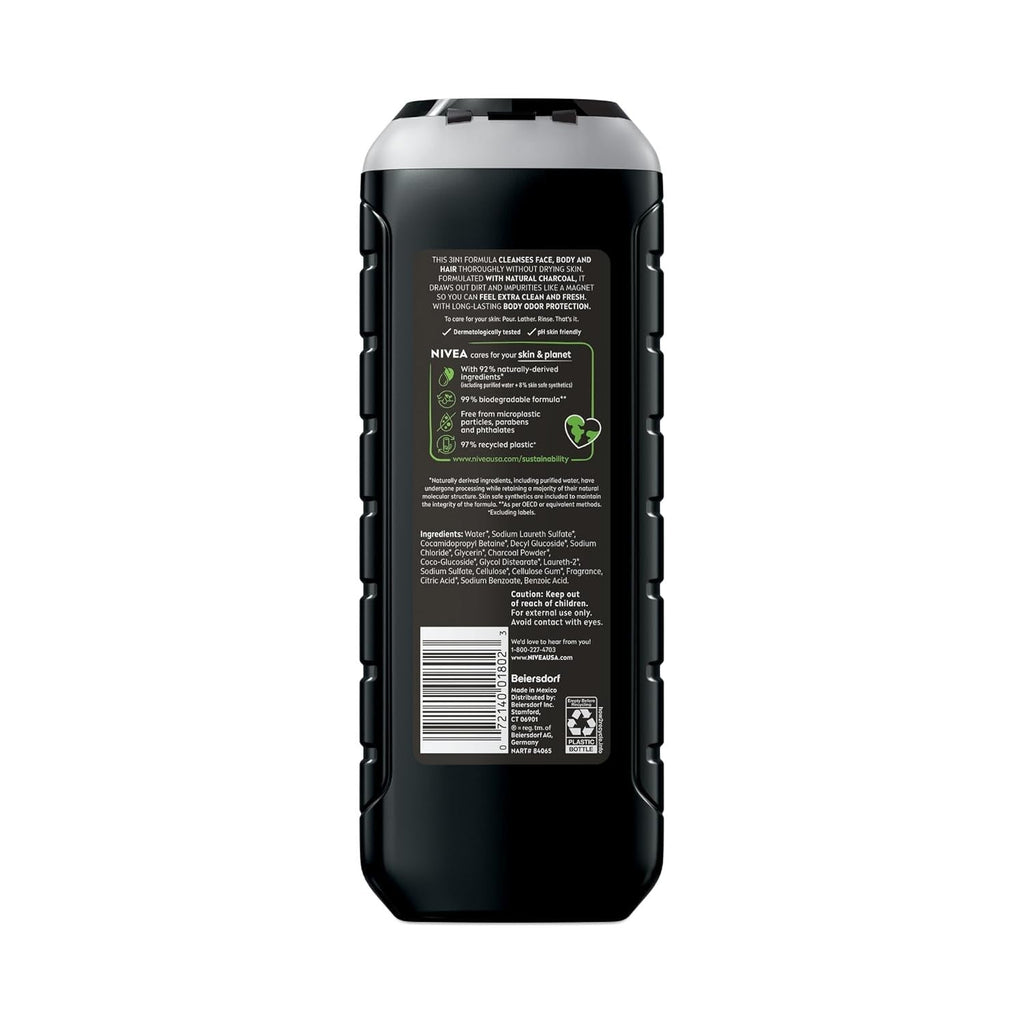 Buy now NIVEA Men Active Clean Body Wash with Natural Charcoal for Normal to Oily Skin, 3-in-1 Charcoal Body Wash, Face and Hair, Draws Out Dirt and Impurities, 16.9 Fl Oz Bottle, Pack of 3 at indiglob india
