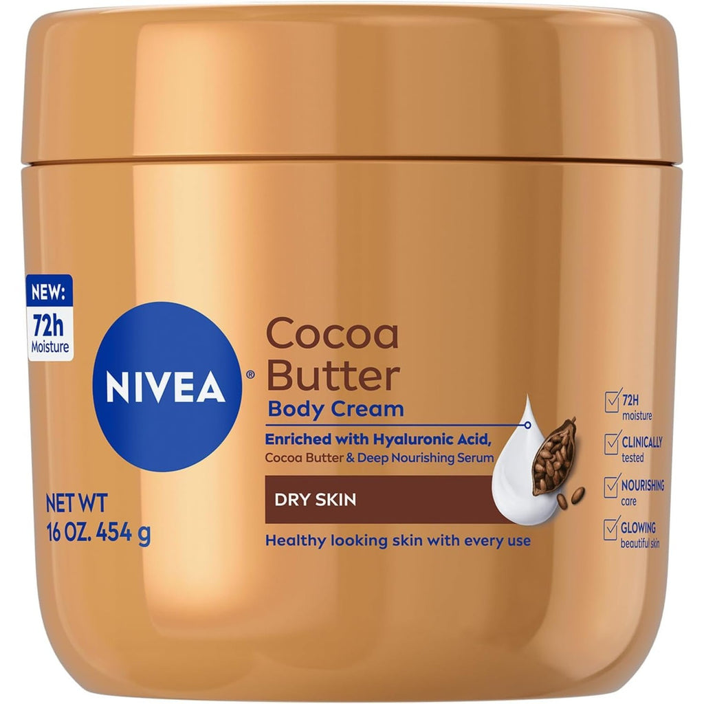 NIVEA Cocoa Butter Body Cream with Hyaluronic Acid, 16 OZ | Cocoa Butter Body Cream with Hyaluronic Acid and Deep Nourishing Serum, For Radiant and Smooth Skin, 72-Hour Body Moisturizer