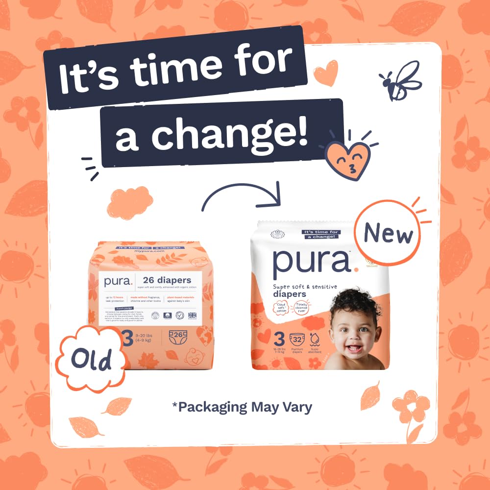 Pura Baby Diapers Size 3 (16-28 lbs) 128 Count Sensitive Skin