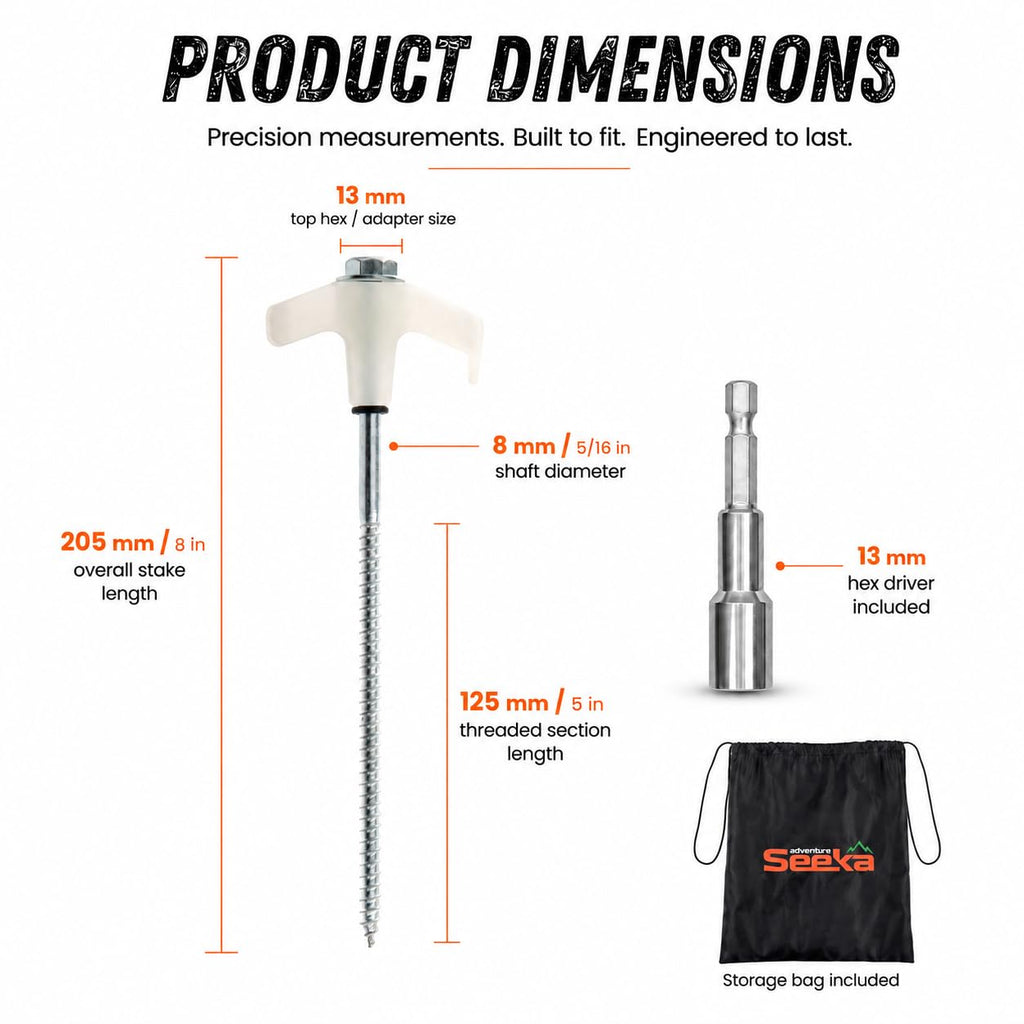 15-Pack 8" Heavy Duty Screw in Tent Stakes, Drill-In Ground Anchor Pegs, Includes Hex Head Driver & Storage Bag