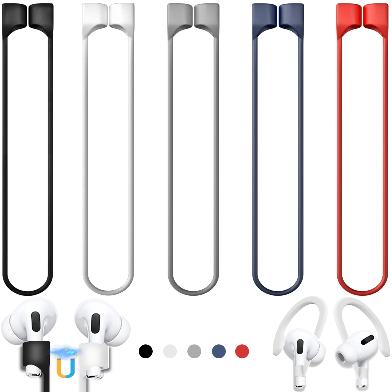 Buy now 5 Pack Ultra Strong Magnetic AirPods Pro Straps, Anti-Lost Neck Cord for AirPods Pro 3 2025,AirPods 4th, AirPods Pro 2nd/1st, AirPod 3rd, AirPod 2nd/1st - 5 Pcs Silicone Sports Lanyard and 2 Ear Hook A4-black+white+red+grey+blue at indiglob india
