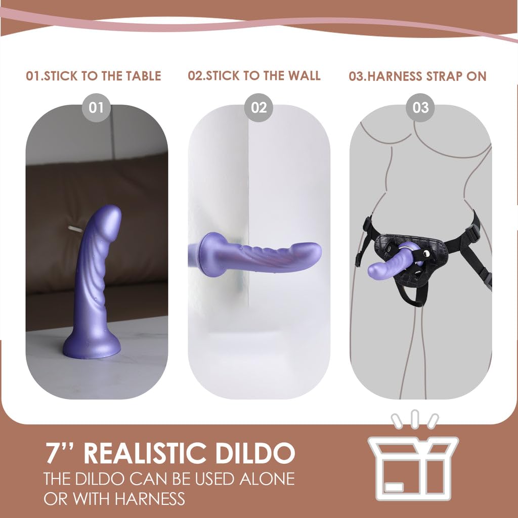 Adjustable Harness Strap-On G-Spot Dildo Set, 7" Realistic Dildo, 3 O-Rings