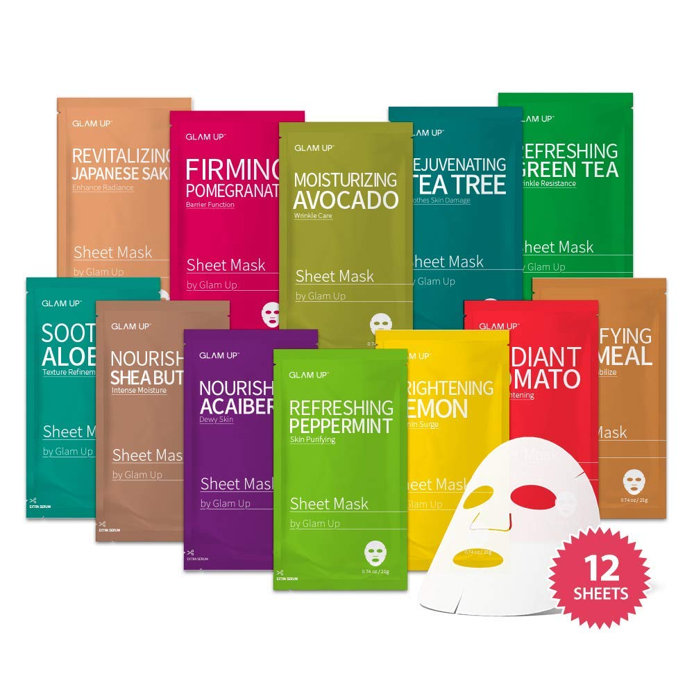 Buy now GLAM UP Korean Facial Sheet Mask 12 Combo Pack | Hydrating & Moisturizing Face Mask for Glass Skin | Soothing Korean Skincare for Sensitive, Dry Skin | Bulk Face Masks Gift Set for Home Spa at indiglob india