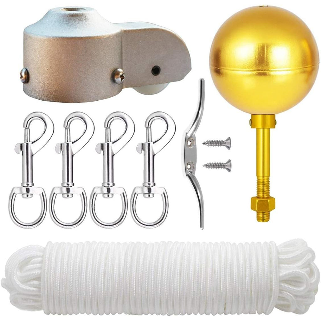Buy now EKEV Flag Pole Hardware Parts Repair Kits - 3" Topper Gold Ball + 50 Ft Halyard Rope + 6" Cleat Hook + 4 Flag Swivel Snap Hooks + Flagpole Pulley Truck for 2" OD Tube Flagpole Part Kit for 2" OD Tube at indiglob india