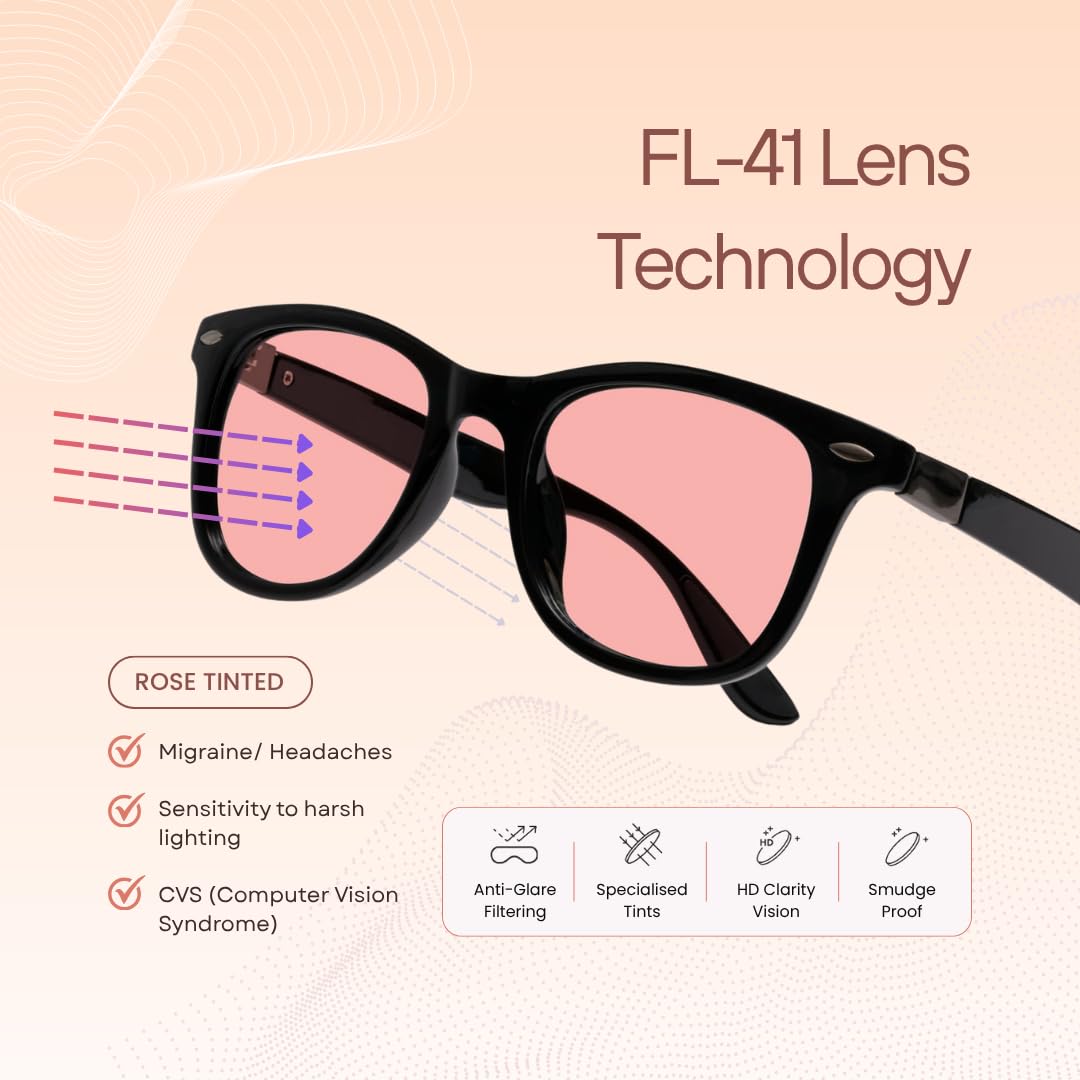 BRADDELL FL-41 Rose & FL-60 Wayfarer Blue Light Glasses for Migraine Light Sensitivity, Fluorescent LED Lighting & Concussion (MEDIUM LARGE)