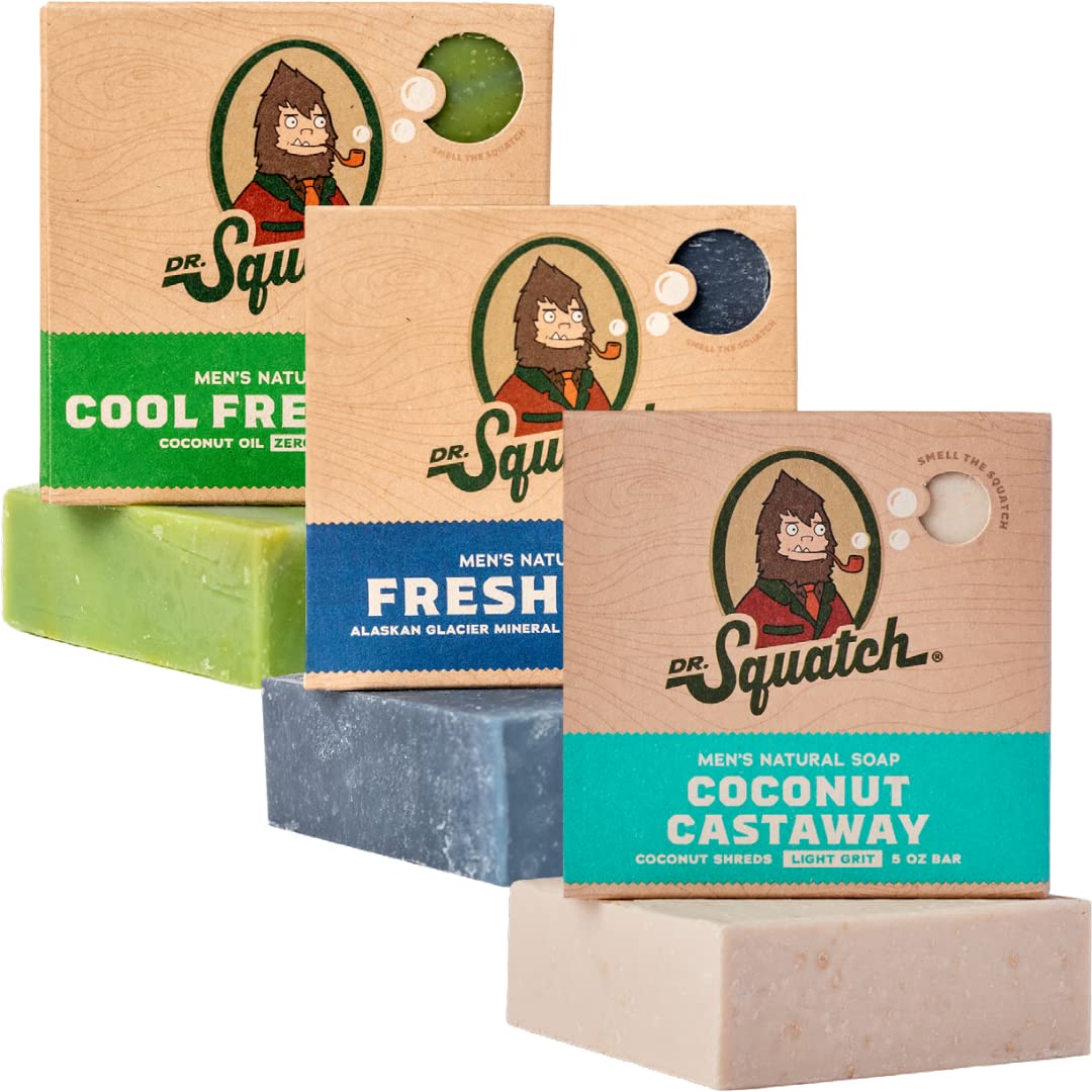 Buy now Dr. Squatch Natural Men’s Bar Soap - Cold Process Body Soap Bar with Natural Oils - Gifts for Men - Coconut Castaway, Fresh Falls & Cool Fresh Aloe (5 oz, 3-Pack) at indiglob india