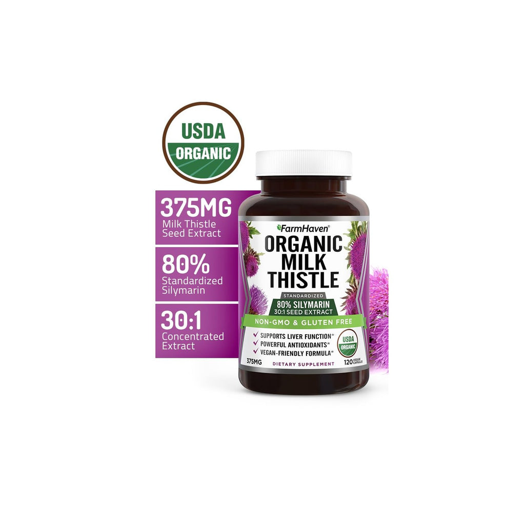 FarmHaven USDA Organic Milk Thistle Capsules | 30X Concentrated Seed Extract & 80% Silymarin Standardized - Supports Liver Function and Overall Health | Non-GMO | 120 Vegan Capsules