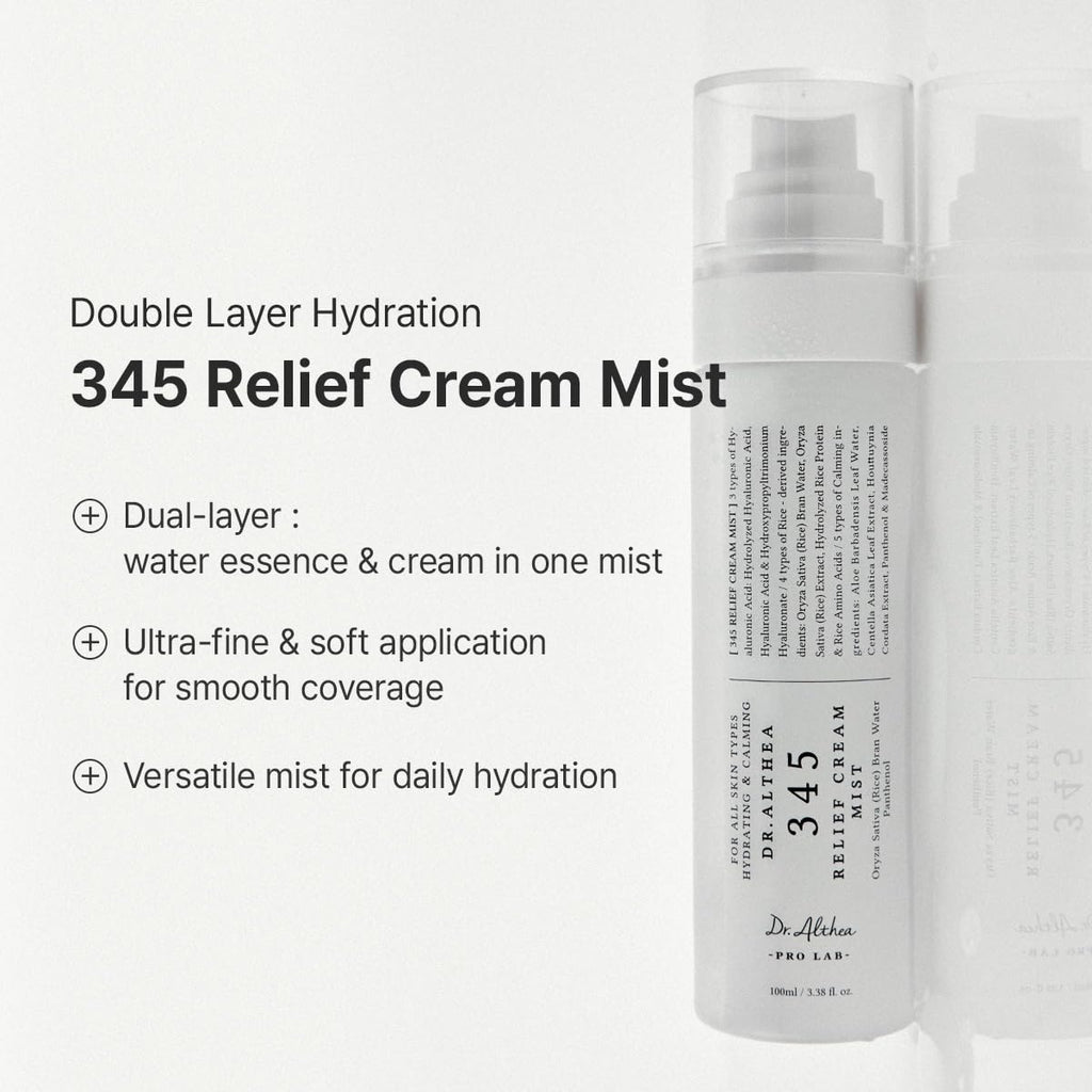 Dr.Althea 345 Relief Cream & Mist Duo, Korean Vegan Skin Care Set | Soothing Recovery & Moisture for Sensitive Skin, Daily Post-Acne Moisturizer, Versatile Hydration Mist Spray