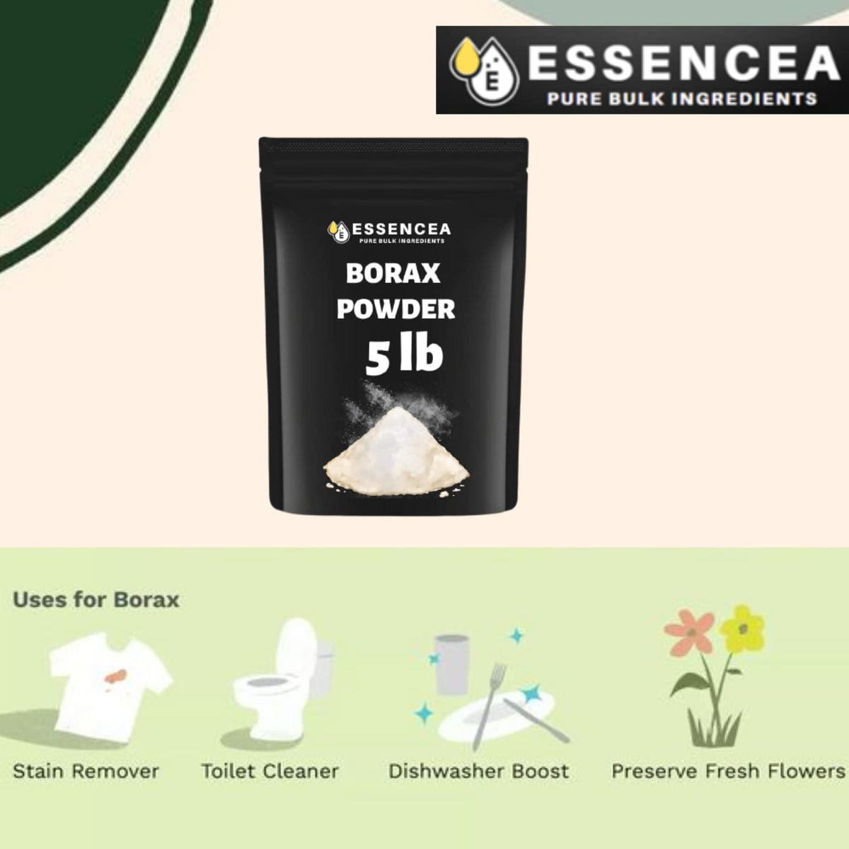 Borax Powder 5lb by Essencea Pure Bulk Ingredients | Can be used as Multi-Purpose Cleaner | Bulk Bag (80 Ounces)