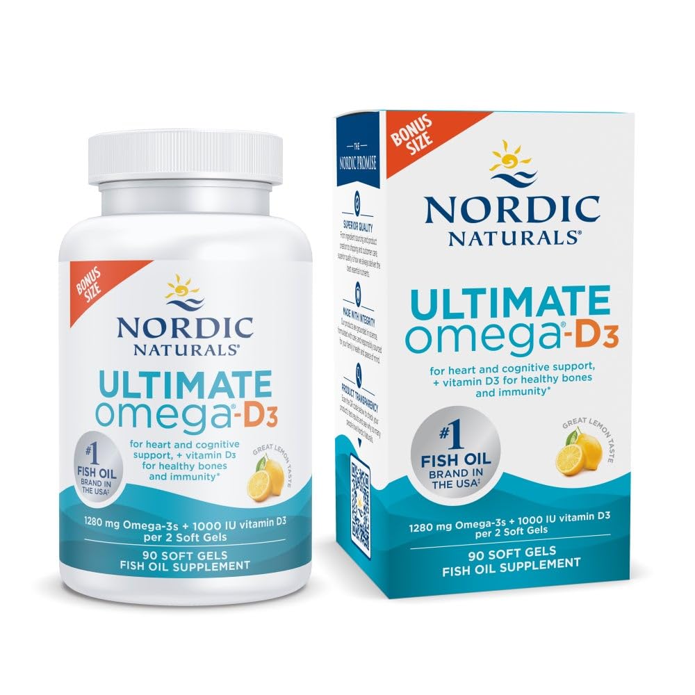 Nordic Naturals Ultimate Omega-D3,1280mg + 1000IU D3, Lemon - 45 Count | Omega-3 Fish Oil with EPA & DHA + Vitamin D3. Supports brain, heart & immune health. Lemon flavor. 45 servings. 2 per day.