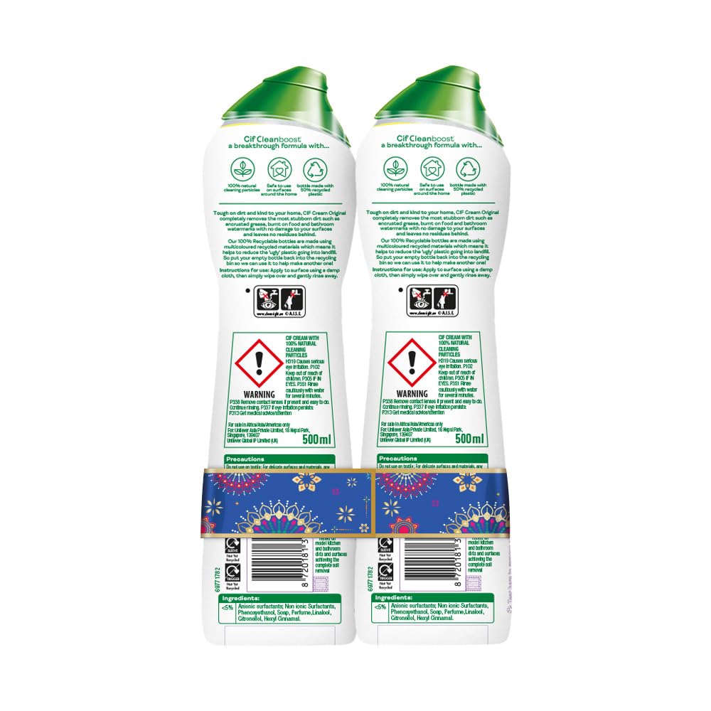 Cif Original Multipurpose Surface Cleaner Cream for Kitchen & Bathroom, Ocean Breeze Scent, 100% Dirt Removal with Natural Cleaning Particles, 2x500ml
