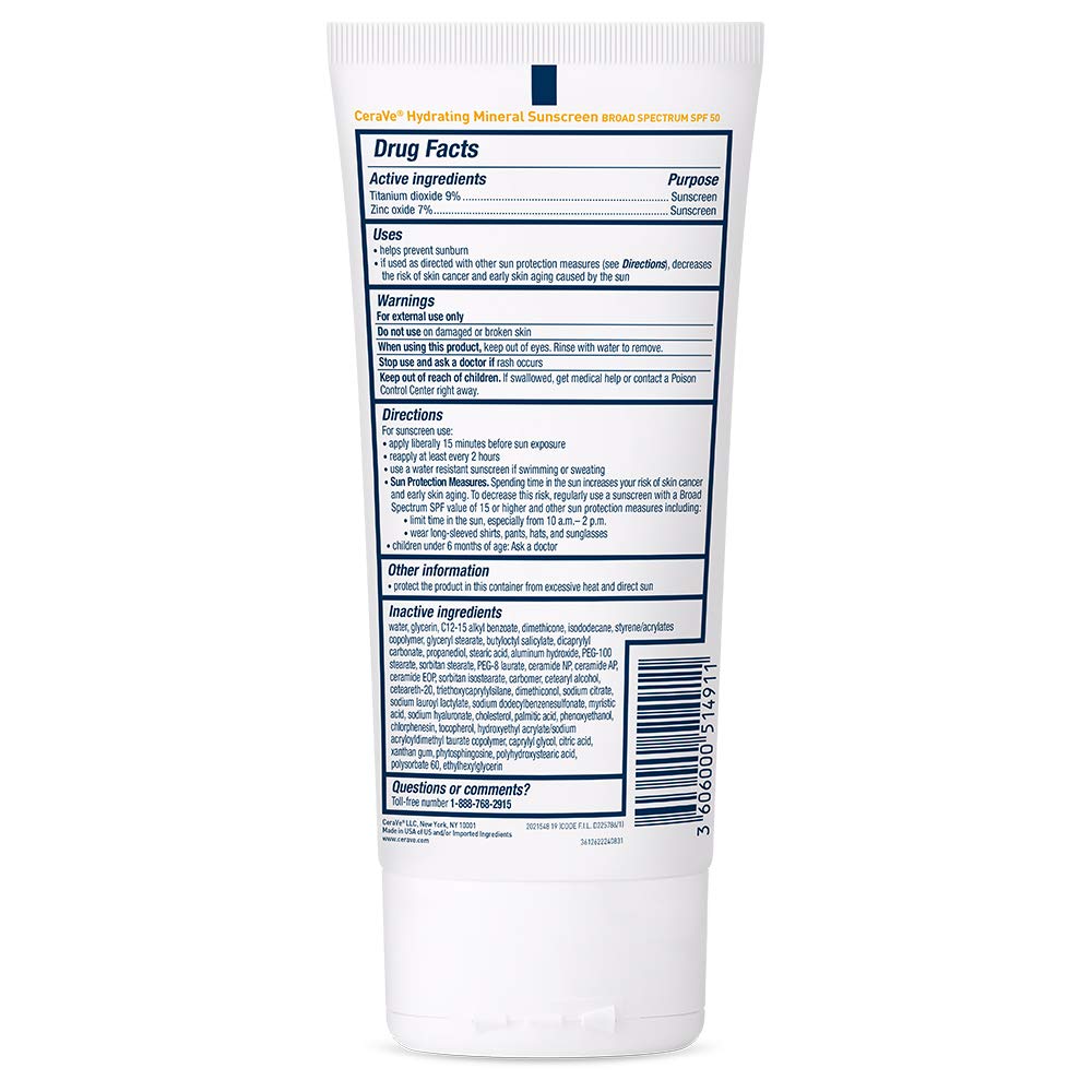 CeraVe Hydrating Mineral Sunscreen SPF 50 Face Sunscreen, Travel Size 2.5oz | Face Sunscreen with Zinc Oxide, Titanium Dioxide, Hyaluronic Acid, & Niacinamide For Broad Spectrum Protection