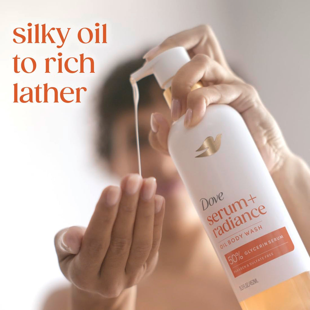 Dove Serum+Shower Oil Body Wash Radiance, Jojoba & Monoi Flower, 15.3 fl oz | Hydrating shower oil body wash with glycerin serum for soft, radiant skin without greasy residue.