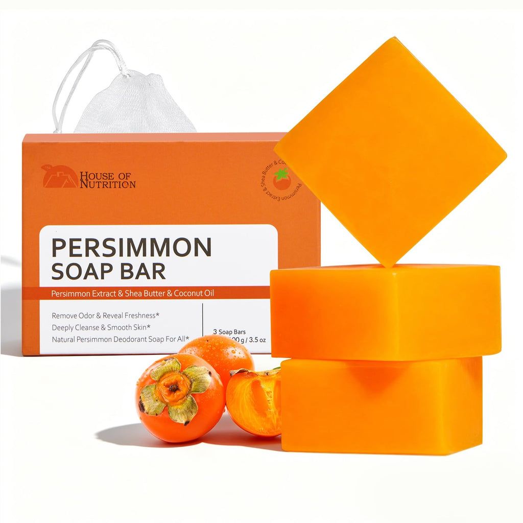 Persimmon Soap Bar for Body Odor Control, Japanese Persimmon and Tea Tree Deodorizing Soap for Nonenal Aging Odor, Men and Women, Gentle Non Drying, Pack of 3